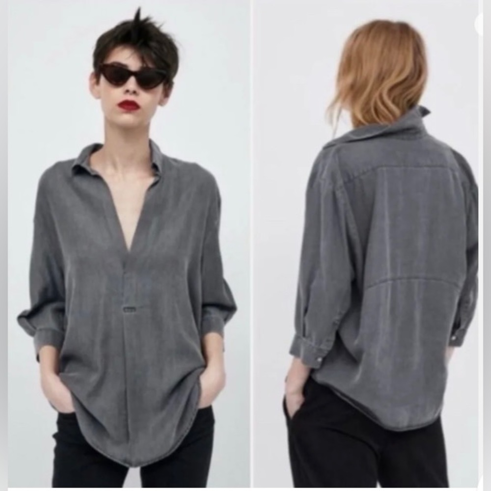 ZARA Premium Denim Collection Chambray Gray Join Life Oversized Blouse Top Small